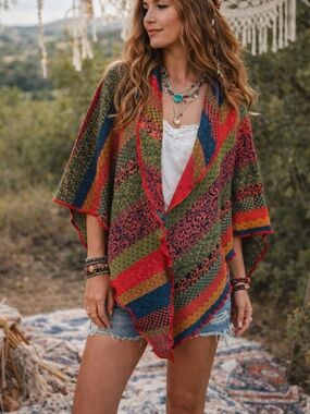 Invero Merino Wool Shawl Wrap One Size German Knit Colorful Boho